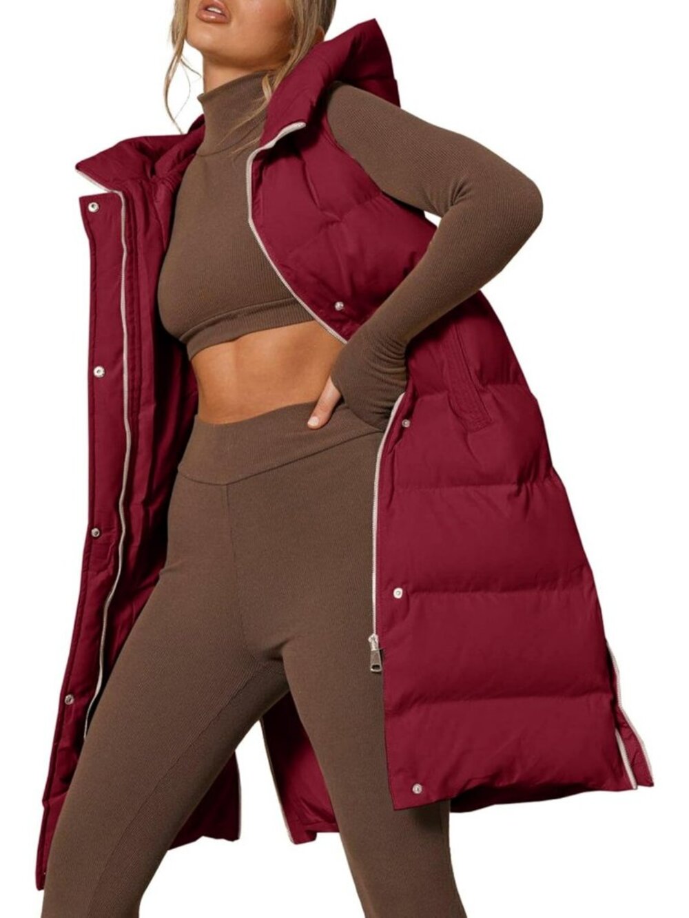 Cozy Women's Long Sleeveless Hooded Puffer Vest with Stand Collar - Winter